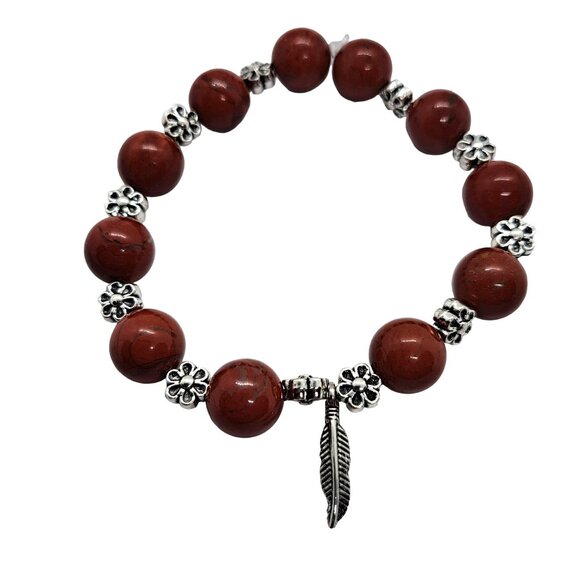 Jasper beaded stretch bracelet red feather charm - Picture 1 of 2